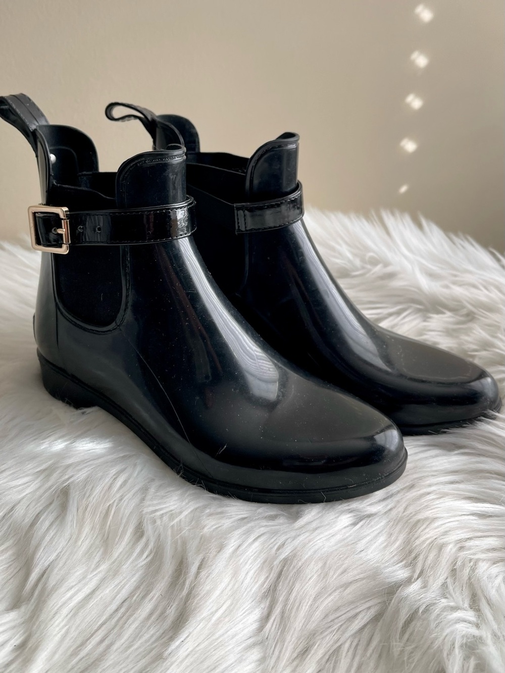 Marc Fisher Black Patent Ankle Rain Booties with Side Buckle